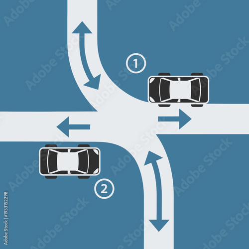 Cars at intersection, traffic rules, right of way, traffic flow, intersection