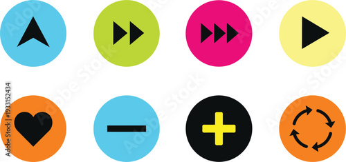 Set of colorful circular interface icons including play fast forward volume up heart like minus plus and refresh symbols for mobile apps and web design.