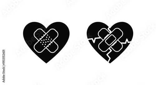 Two heart icons one whole and one broken with band aids silhouette
