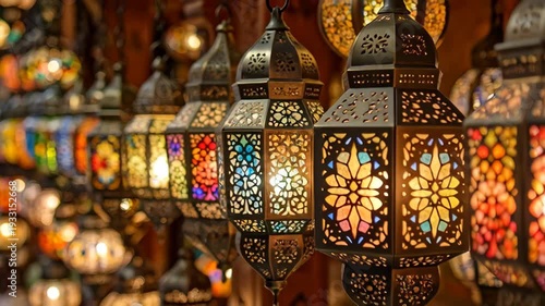 Ornate metal lanterns with stained glass mosaics hanging in a row at a traditional bazaar with soft bokeh background