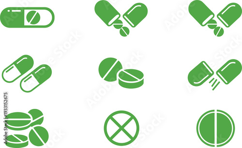 Set of green medical pill and capsule icons isolated on white background for pharmacy healthcare medicine prescription drug supplement and pharmaceutical industry design.
