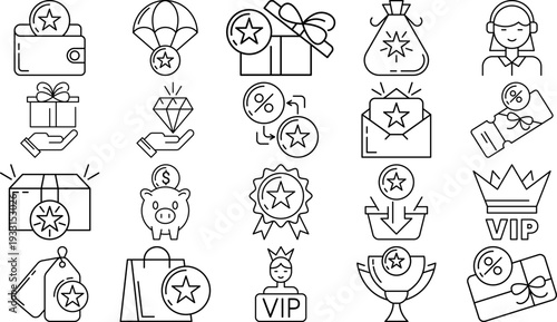 Collection of loyalty program icons including rewards gifts and VIP status in a clean outline style for marketing and app design