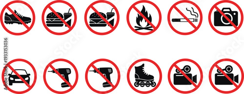 Set of red prohibition signs with black silhouettes for no smoking no food no cameras no cars and no tools isolated on white background.