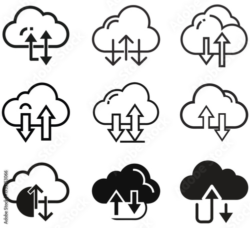 Varied collection of nine cloud computing icons in line and solid styles featuring different arrow configurations for data synchronization and transfer.