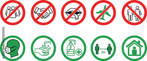 Set of pandemic safety icons featuring red prohibition signs for gatherings and green mandatory signs for masks hand washing social distancing and staying home.