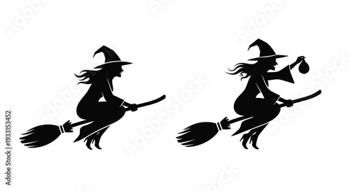 Two witches on broomsticks depicted in a striking black silhouette