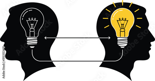 Two human head silhouettes with light bulbs and connecting arrows representing communication brainstorming idea sharing knowledge transfer and collaborative creative thinking process concept.
