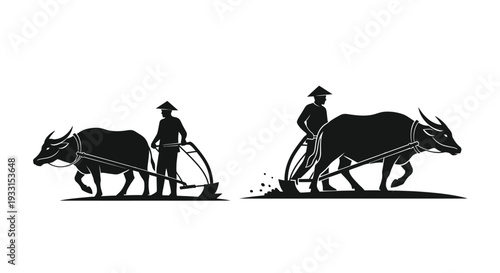 Farmers plowing a field with oxen a striking black silhouette