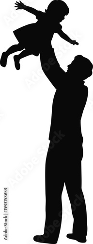 Black silhouette of a happy father lifting his small young child high up in the air isolated on white background for parenting and family