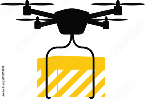 Unmanned delivery drone silhouette carrying a yellow package box isolated on white background for logistics shipping technology and modern transportation service concept.