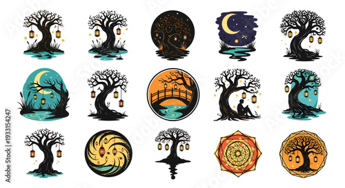 Collection of mystical trees with glowing lanterns a striking silhouette