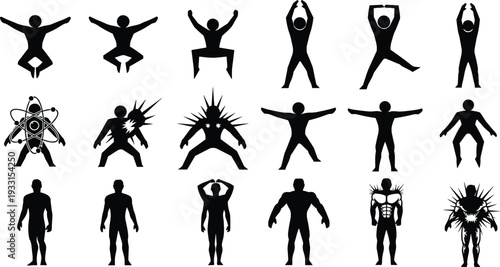 Human Silhouette Vector Set Featuring Stylized Stick Figures Atomic Energy Symbols Muscle Man Outlines Superpower Effects Fitness Poses And Abstract Anatomy Icons For Design Projects