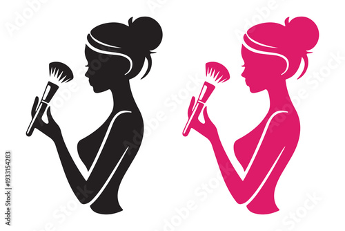 Beauty salon logo with woman silhouette holding makeup brush for makeup artist branding vector illustration