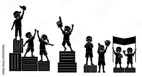 Children celebrating on stacked crates a striking black silhouette