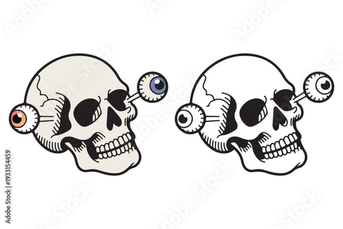 Human skull illustration with popping eyeballs for Halloween and horror tattoo design concept