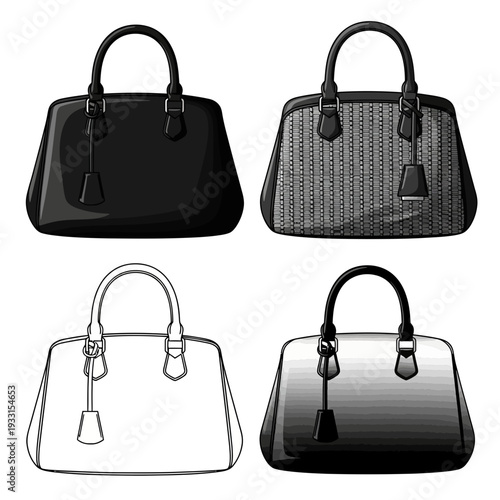 Four different styles of womens handbags in various textures and finishes