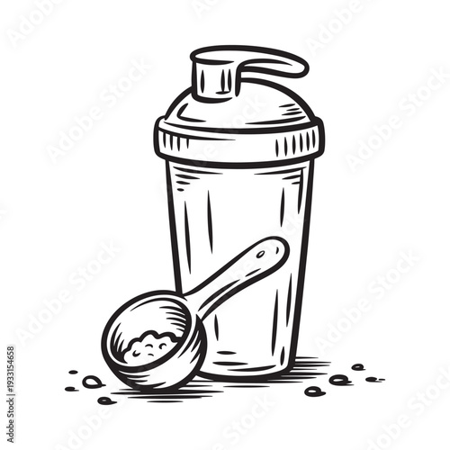 Black and white sketch of a protein shaker bottle with a scoop