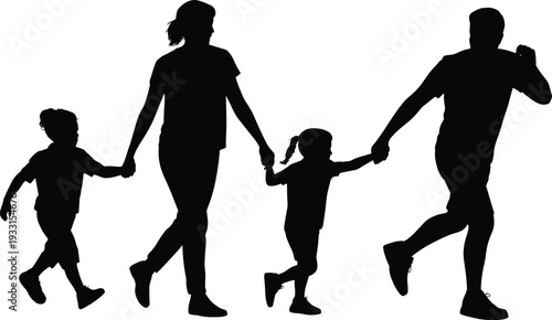 Black silhouette of a happy young family featuring father and mother holding hands with two small daughters while walking and running isolated on white