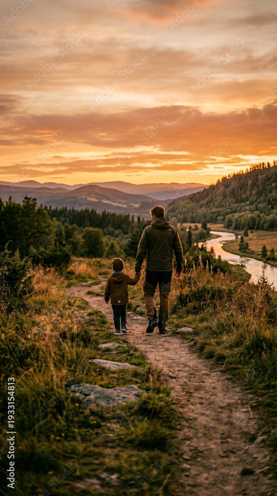 Fototapeta premium Silueta emocional de un padre y su hijo caminando de la mano al atardecer, con cielo cálido en tonos dorados y naranjas. Escena familiar inspiradora con luz natural y ambiente sereno.