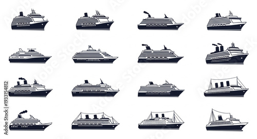 Collection of various cruise ships in black and white, side view, isolated on white background.