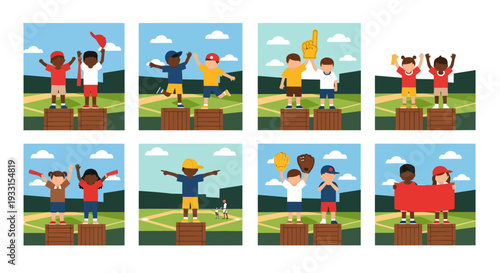 Diverse children celebrate victories on podiums in a flat style silhouette