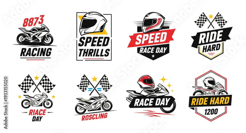 Motorcycle Racing Badges and Emblems Collection, Ride Hard, Speed Thrills, Race Day.