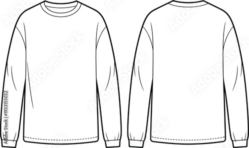 White long-sleeved shirt with ribbed cuffs and hem shown from front and back view ribbed hem