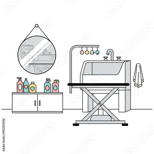 Grooming Station: Pet Bathing Tub, Table, Products, and Mirror in Salon