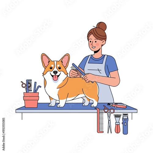 Happy Corgi Dog Grooming Session with Professional Groomer and Tools