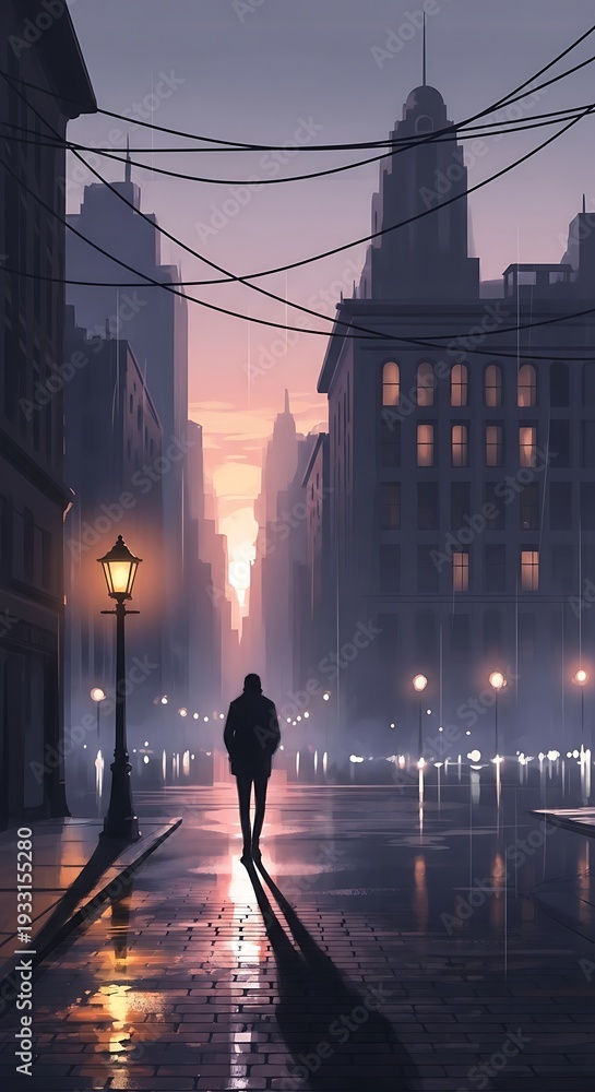 Obraz premium Solitary Figure Walking on Wet City Street at Dusk.