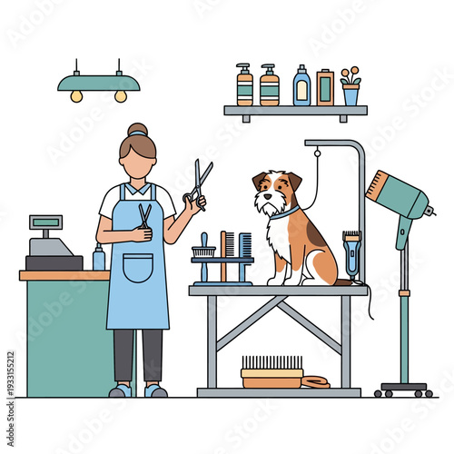 Professional dog groomer with scissors and dog on grooming table, preparing for a haircut