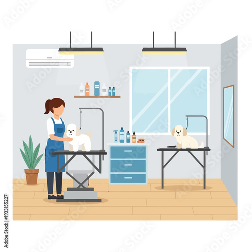 Professional dog grooming salon with groomer and two white dogs on tables