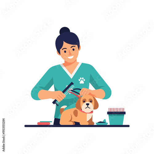 Professional groomer brushing a cute puppy dog, pet care, grooming salon, happy animal