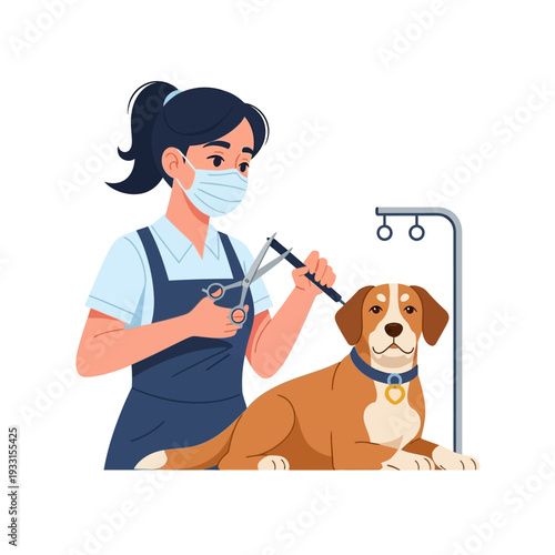 Professional groomer in mask cuts dog's fur with scissors, grooming table, pet care concept