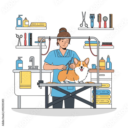 Professional groomer styling a happy corgi dog on a grooming table in a salon