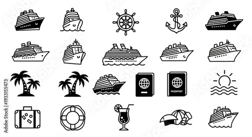 Collection of Cruise Ship and Travel Icons for Vacation and Holiday Designs.