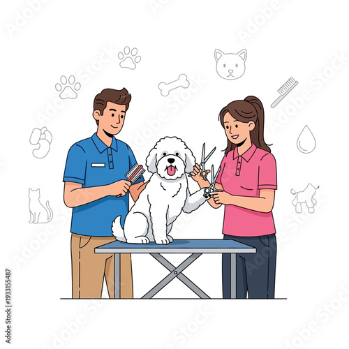 Professional groomers styling a fluffy white dog on a grooming table, surrounded by pet care icons.