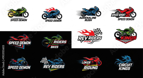 Motorcycle logos showcasing speed and racing themes with dynamic designs and fiery elements.