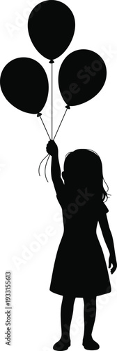 Black silhouette of a little girl holding three balloons isolated on white background for birthday party celebration childhood happiness and holiday event decoration concepts