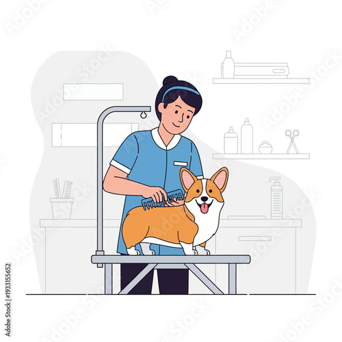 Groomer brushing a happy corgi dog on a grooming table in a salon