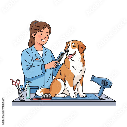 Groomer Brushing Happy Dog on Grooming Table with Tools and Dryer