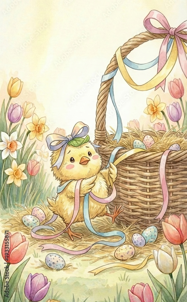 Fototapeta premium Cute Easter chick tying ribbons on wicker basket filled with colorful eggs in spring garden