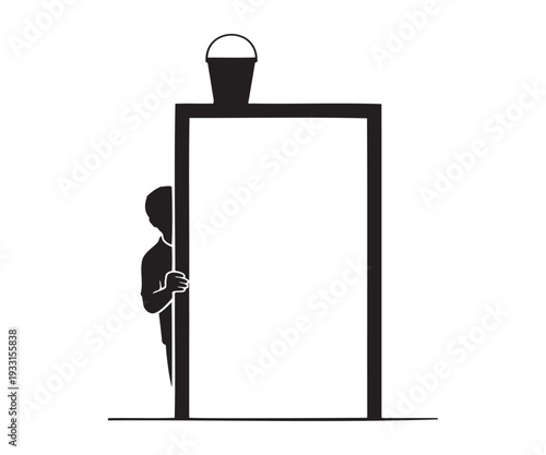 Silhouette of a person hiding behind a door setting up a water bucket prank trap illustration