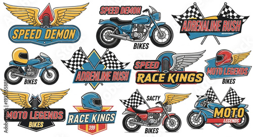 Collection of motorcycle emblems with wings and checkered flags for racing and speed.