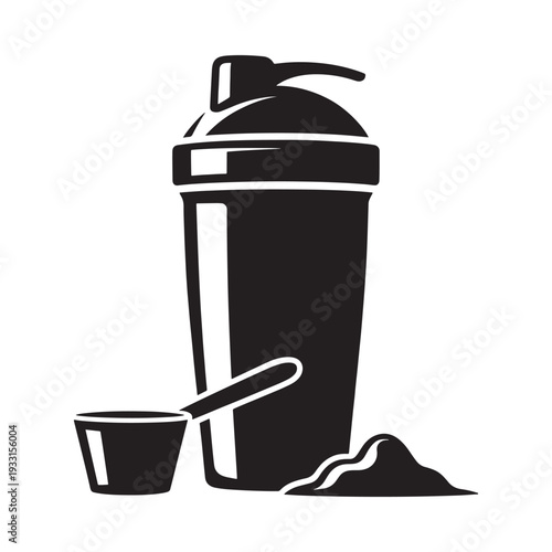 Black and white illustration of a protein shaker bottle with scoop and powder