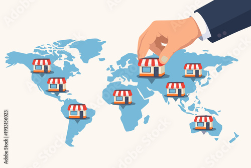 Businessman hand putting a small shop icon on a world map representing franchise business expansion, global retail network growth, international commerce strategy, and corporate market scaling.