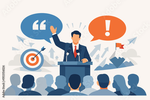 Business Motivation Speech and Leadership Concept Vector Illustration. Professional Speaker at Podium Giving a Pep Talk to Audience with Target, Mountains, and Speech Bubbles for Success Goals.