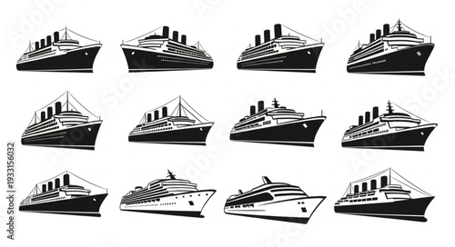 Collection of various cruise ships in black and white, side view, isolated on white background.