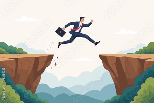 Ambitious businessman in a suit with a briefcase jumping over a deep canyon between two cliffs, symbolizing risk, courage, and overcoming obstacles to achieve success. Vector concept illustration.
