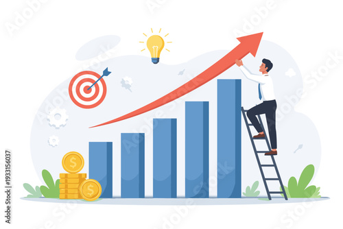 Businessman climbing ladder to push red growth arrow upward on bar chart with target, lightbulb, and gold coins. Concept of financial success, strategic planning, and achieving business goals.
